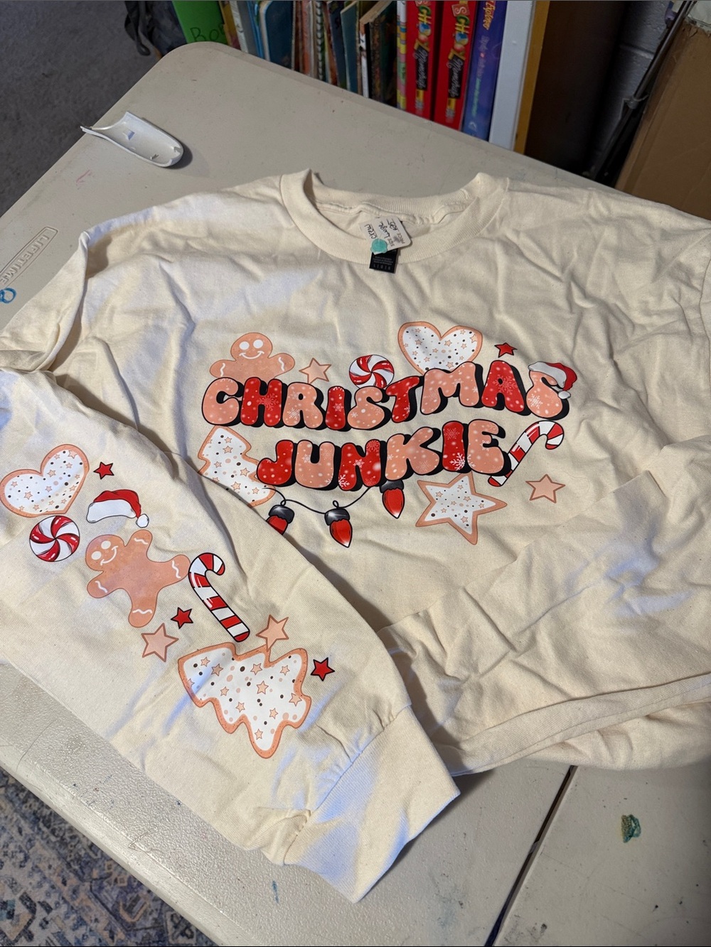 Gildan Cream "Christmas Junkie" Graphic Long-Sleeve Tee